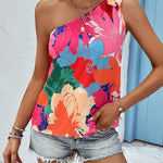 VCAY Blusa con estampado floral de un hombro con nudo lateral