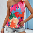 Blusa con estampado floral de un hombro con nudo lateral