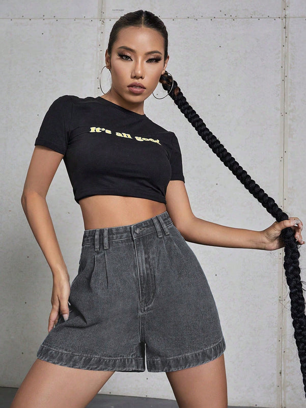 Shorts de pierna ancha de talle alto mezclilla