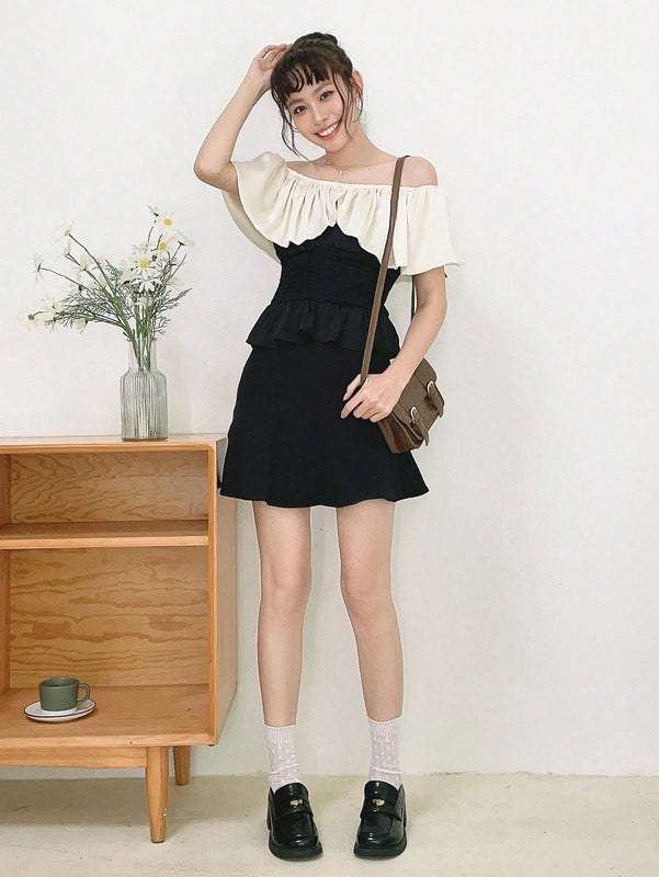 DAZY Blusa de dos tonos ribete con fruncido