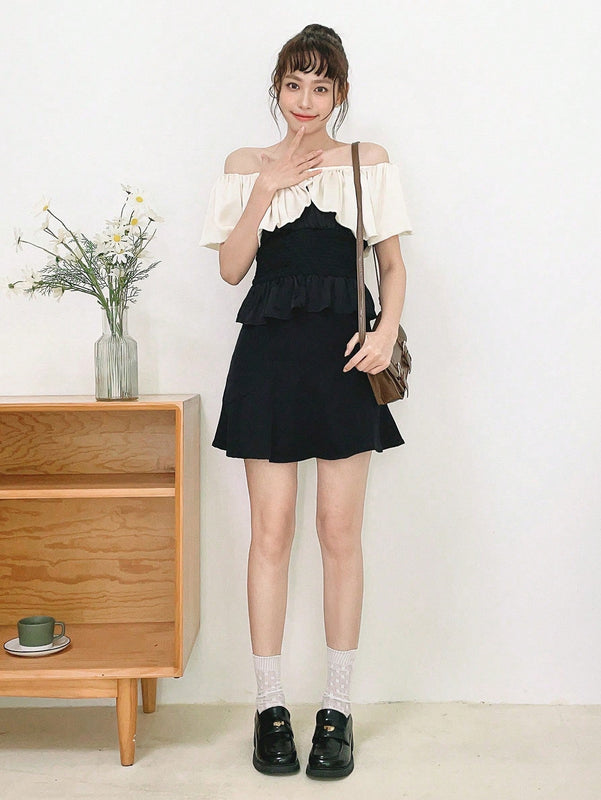 DAZY Blusa de dos tonos ribete con fruncido