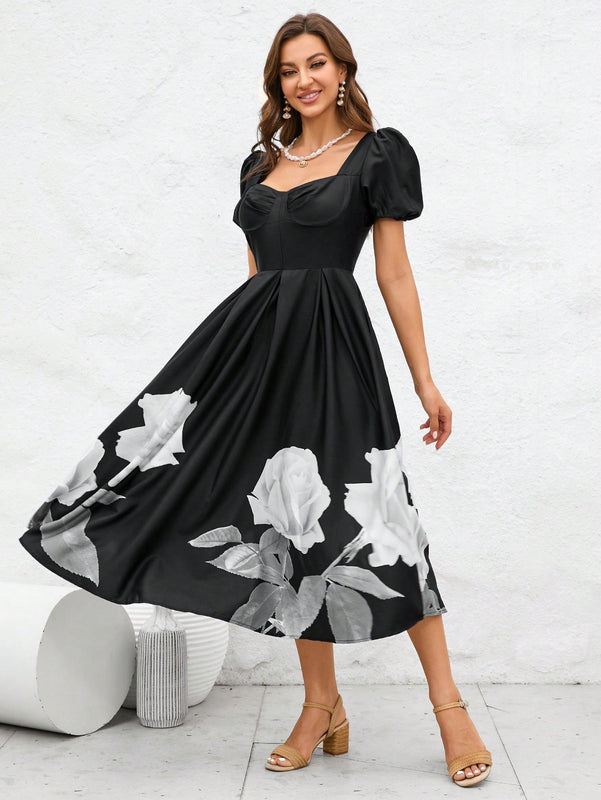 Vestido con estampado floral escote corazon de manga farol con diseno de fruncido