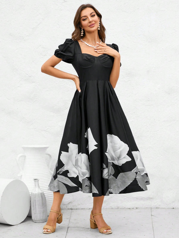 Vestido con estampado floral escote corazon de manga farol con diseno de fruncido