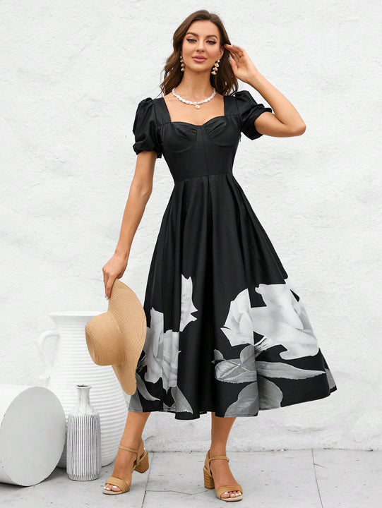 Vestido con estampado floral escote corazon de manga farol con diseno de fruncido