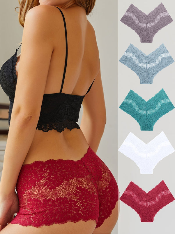 FINETOO Conjunto de 5 bragas de encaje para mujer con detalles de lazo y estampado floral de lazo
