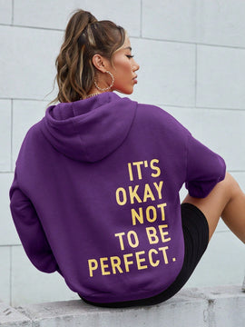 Ezwear sudadera con capucha casual de hombros caidos para mujer con estampado de eslogan, otono/invierno
