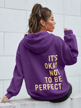 Ezwear sudadera con capucha casual de hombros caidos para mujer con estampado de eslogan, otono/invierno