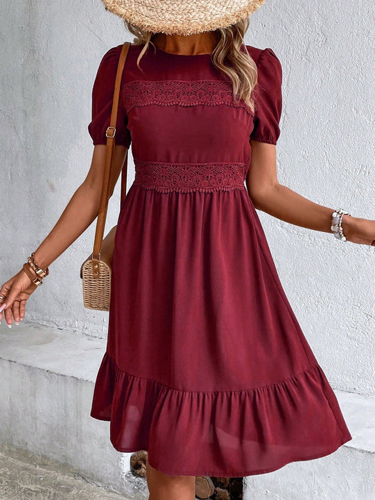 VCAY Vestido con encaje de manga farol bajo con fruncido