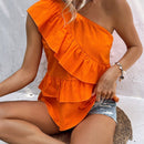 VCAY Blusa peplum de un hombro ribete con fruncido