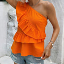 VCAY Blusa peplum de un hombro ribete con fruncido