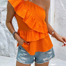 VCAY Blusa peplum de un hombro ribete con fruncido