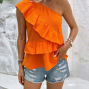 VCAY Blusa peplum de un hombro ribete con fruncido