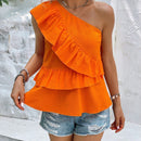 VCAY Blusa peplum de un hombro ribete con fruncido
