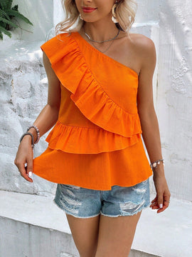 VCAY Blusa peplum de un hombro ribete con fruncido