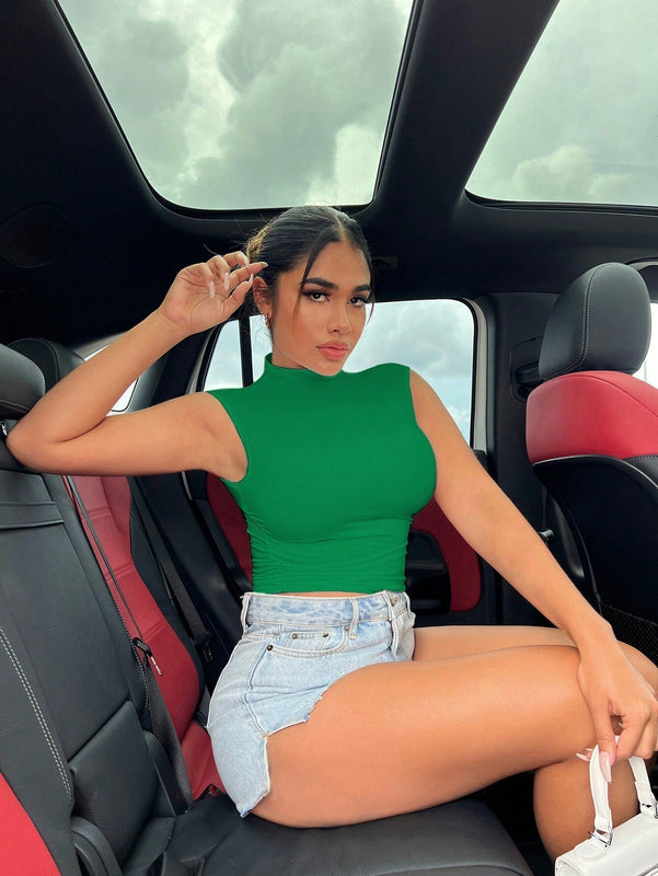 SXY Camiseta corta lisa con cuello simulado