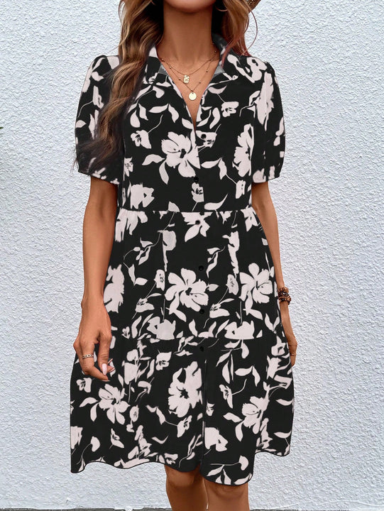 VCAY Vestido smock con estampado floral de manga farol bajo con fruncido