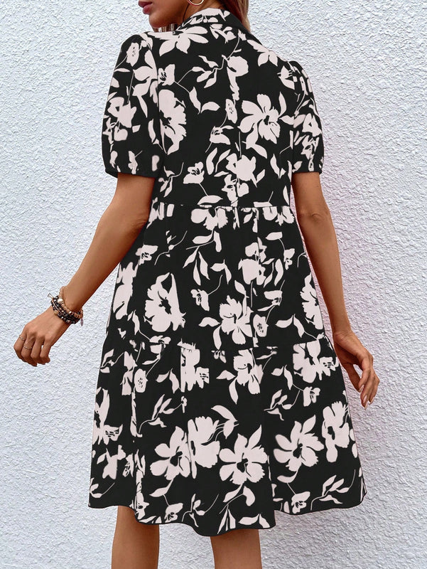 VCAY Vestido smock con estampado floral de manga farol bajo con fruncido