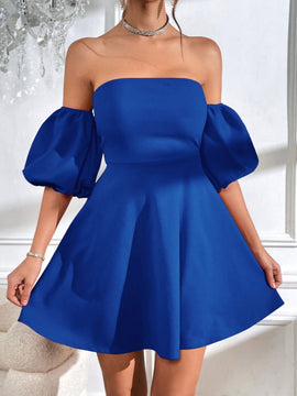 Vestido de hombros descubiertos de manga farol de espalda abierta con cordon