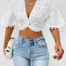 Prive Blusa girante delantero ribete con pompon crop schiffy