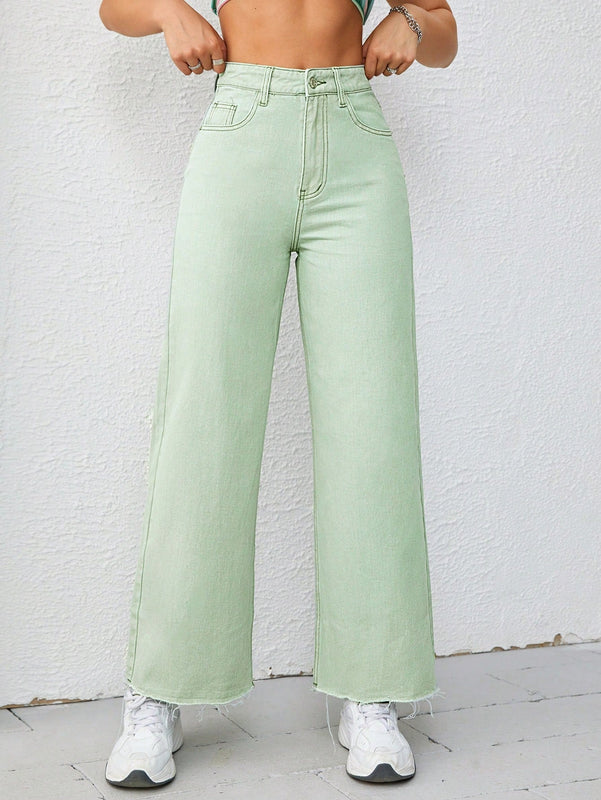 Jeans unicolor bajo crudo de pierna ancha