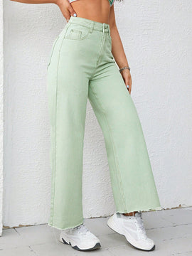 Jeans unicolor bajo crudo de pierna ancha