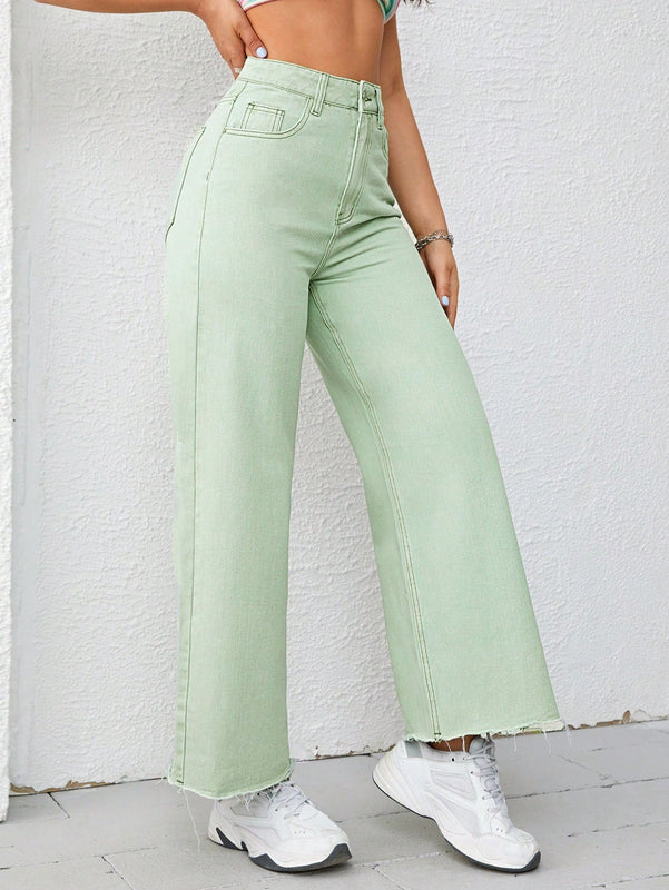 Jeans unicolor bajo crudo de pierna ancha