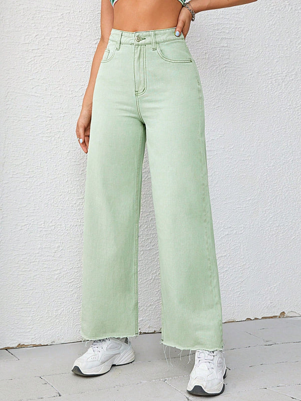 Jeans unicolor bajo crudo de pierna ancha