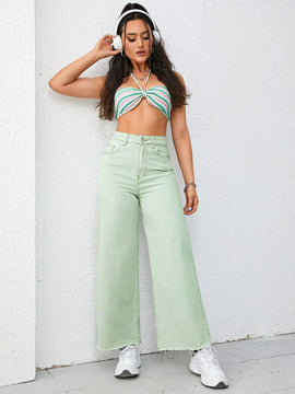 Jeans unicolor bajo crudo de pierna ancha