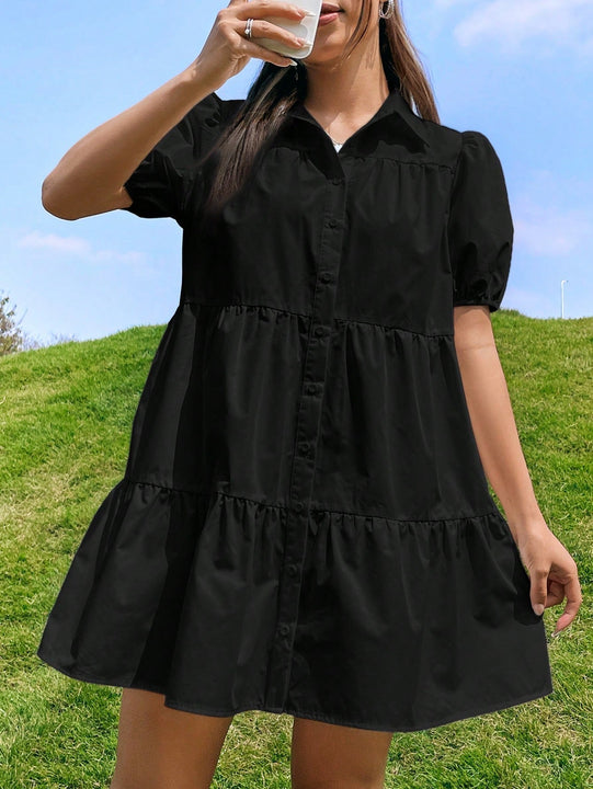 EZwear Vestido smock de manga farol bajo con fruncido