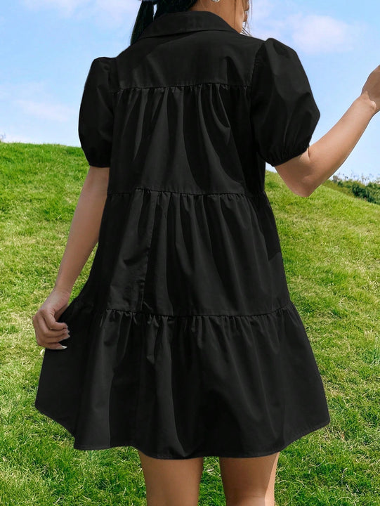 EZwear Vestido smock de manga farol bajo con fruncido