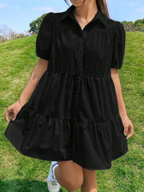 EZwear Vestido smock de manga farol bajo con fruncido