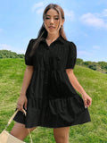 EZwear Vestido smock de manga farol bajo con fruncido