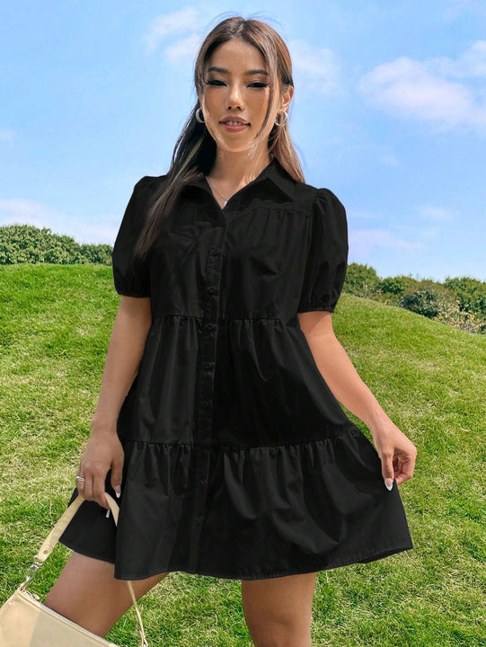 EZwear Vestido smock de manga farol bajo con fruncido