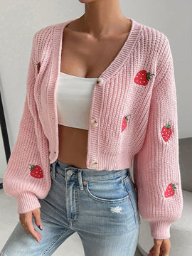 Moosta cardigan holgado de mujer con mangas farol, hombros caidos y bordado de fresa de estilo casual