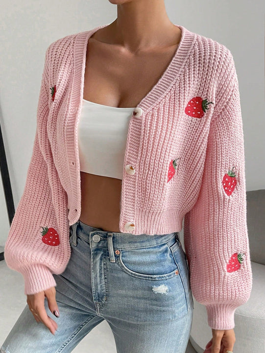 Moosta cardigan holgado de mujer con mangas farol, hombros caidos y bordado de fresa de estilo casual