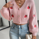 Moosta cardigan holgado de mujer con mangas farol, hombros caidos y bordado de fresa de estilo casual