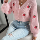 Moosta cardigan holgado de mujer con mangas farol, hombros caidos y bordado de fresa de estilo casual