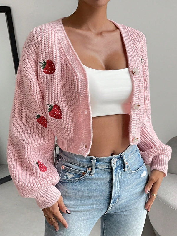 Moosta cardigan holgado de mujer con mangas farol, hombros caidos y bordado de fresa de estilo casual