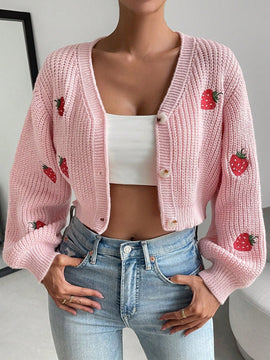 Moosta cardigan holgado de mujer con mangas farol, hombros caidos y bordado de fresa de estilo casual