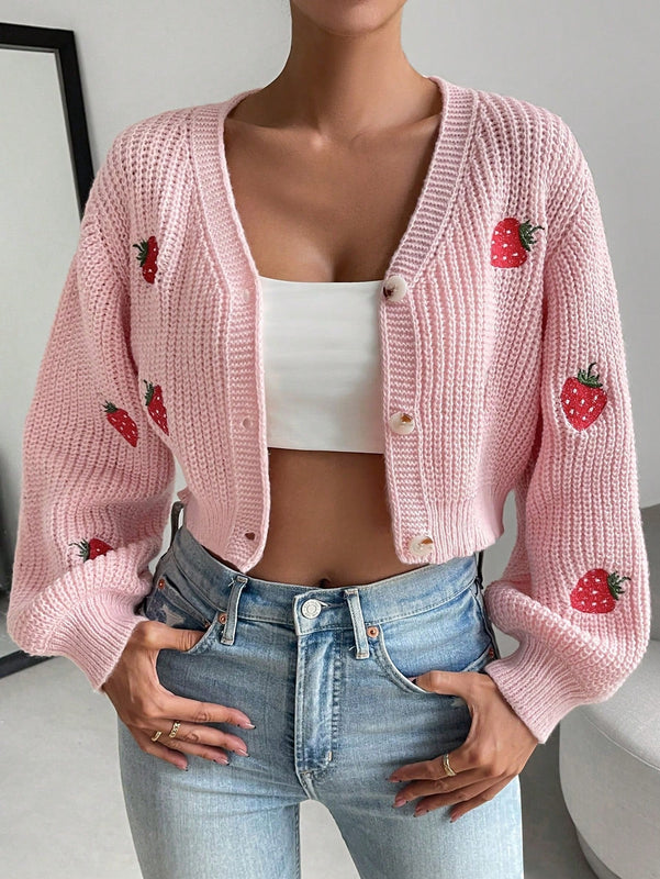 Moosta cardigan holgado de mujer con mangas farol, hombros caidos y bordado de fresa de estilo casual