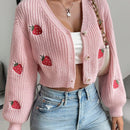Moosta cardigan holgado de mujer con mangas farol, hombros caidos y bordado de fresa de estilo casual