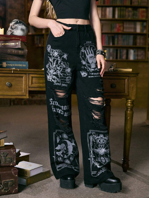 ROMWE Academia Jeans desgarro con estampado de letra