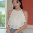 DAZY Blusa unicolor con fruncido a capas ribete de gasa
