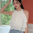 DAZY Blusa unicolor con fruncido a capas ribete de gasa