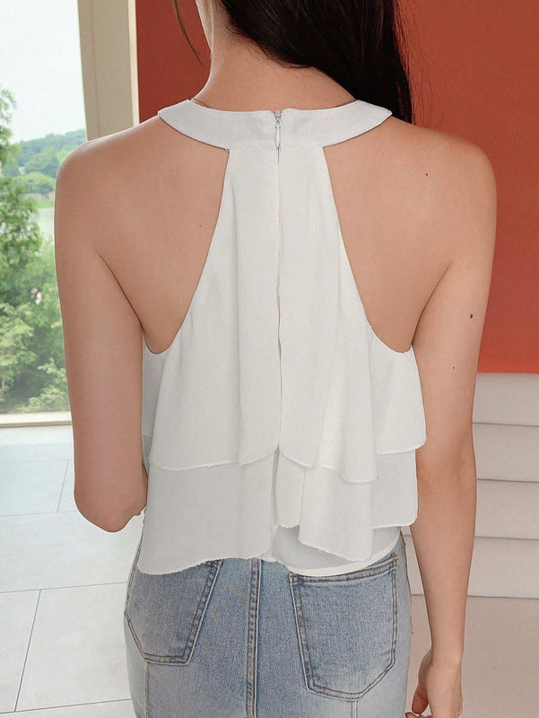 DAZY Blusa unicolor con fruncido a capas ribete de gasa