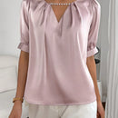 Prive Blusa con cuenta de perla de cuello con abertura de ojo con fruncido de manga farol