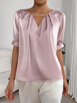 Blusa con cuenta de perla de cuello con abertura de ojo con fruncido de manga farol