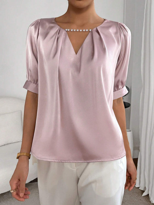 Blusa con cuenta de perla de cuello con abertura de ojo con fruncido de manga farol