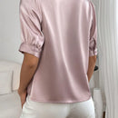 Prive Blusa con cuenta de perla de cuello con abertura de ojo con fruncido de manga farol