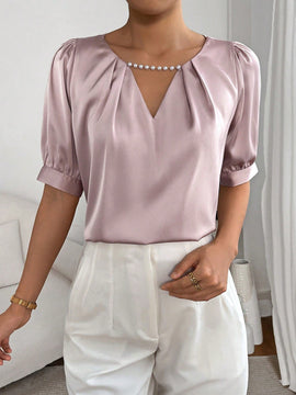 Prive Blusa con cuenta de perla de cuello con abertura de ojo con fruncido de manga farol